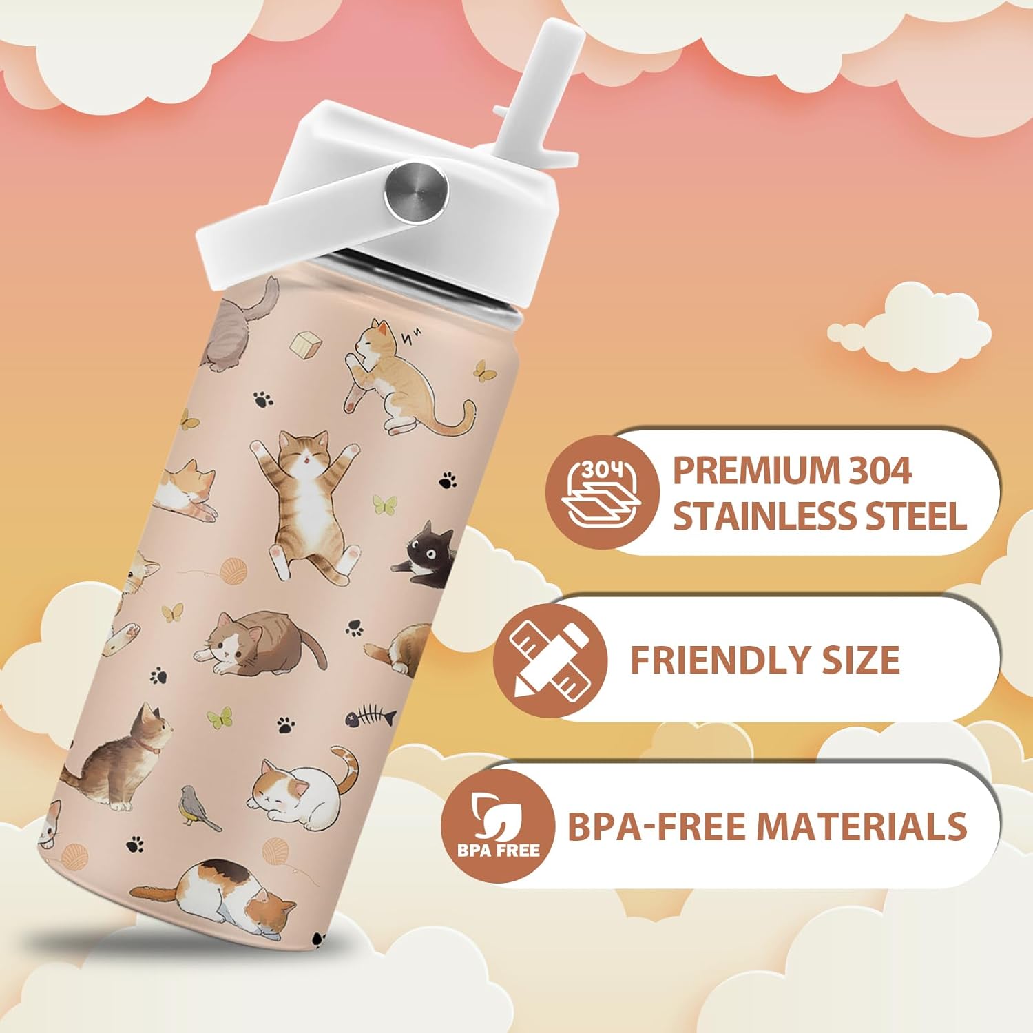 Cat Lover Gifts for Kids Boys Girls, 16 oz Stainless Steel Insulated Water Bottle with Straw Lid, Cats Water Bottle for Cat Lovers, Cute Cat Tumbler for Birthday Christmas (1pcs) - Image 2