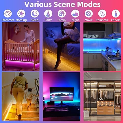 Vista 6 de Luces LED con sensor de movimiento para debajo de la cama, 2 x 13.12 pies, color RGB con encendido constante, activación de movimiento, detección