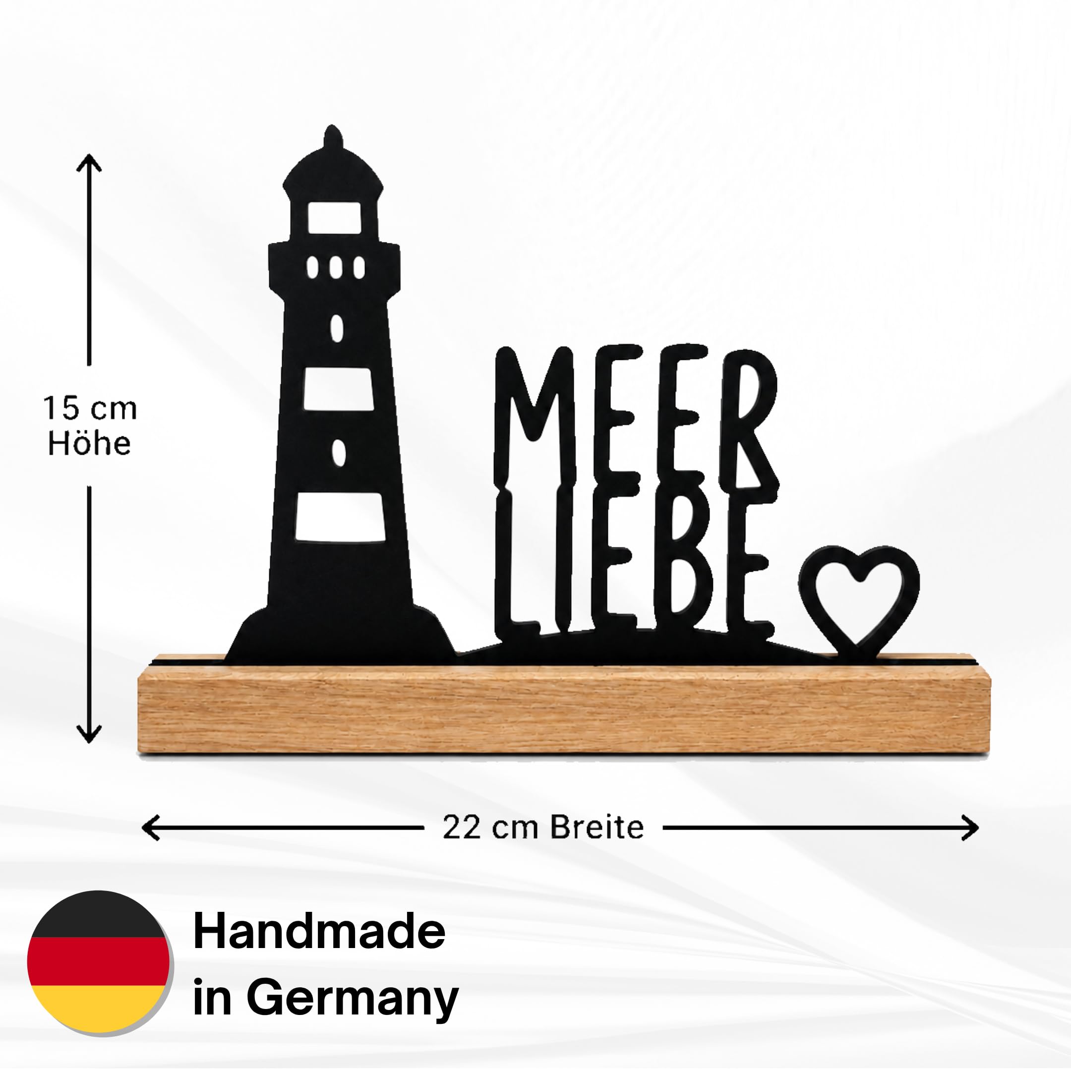 Generisch Meerliebe Aufsteller aus Eichenholz – Maritime Deko mit Leuchtturm & Herz, Holz Aufsteller 22 cm, Ostsee Deko für Fensterbank, Regal, Kommode & Geschenk für Küstenliebhaber