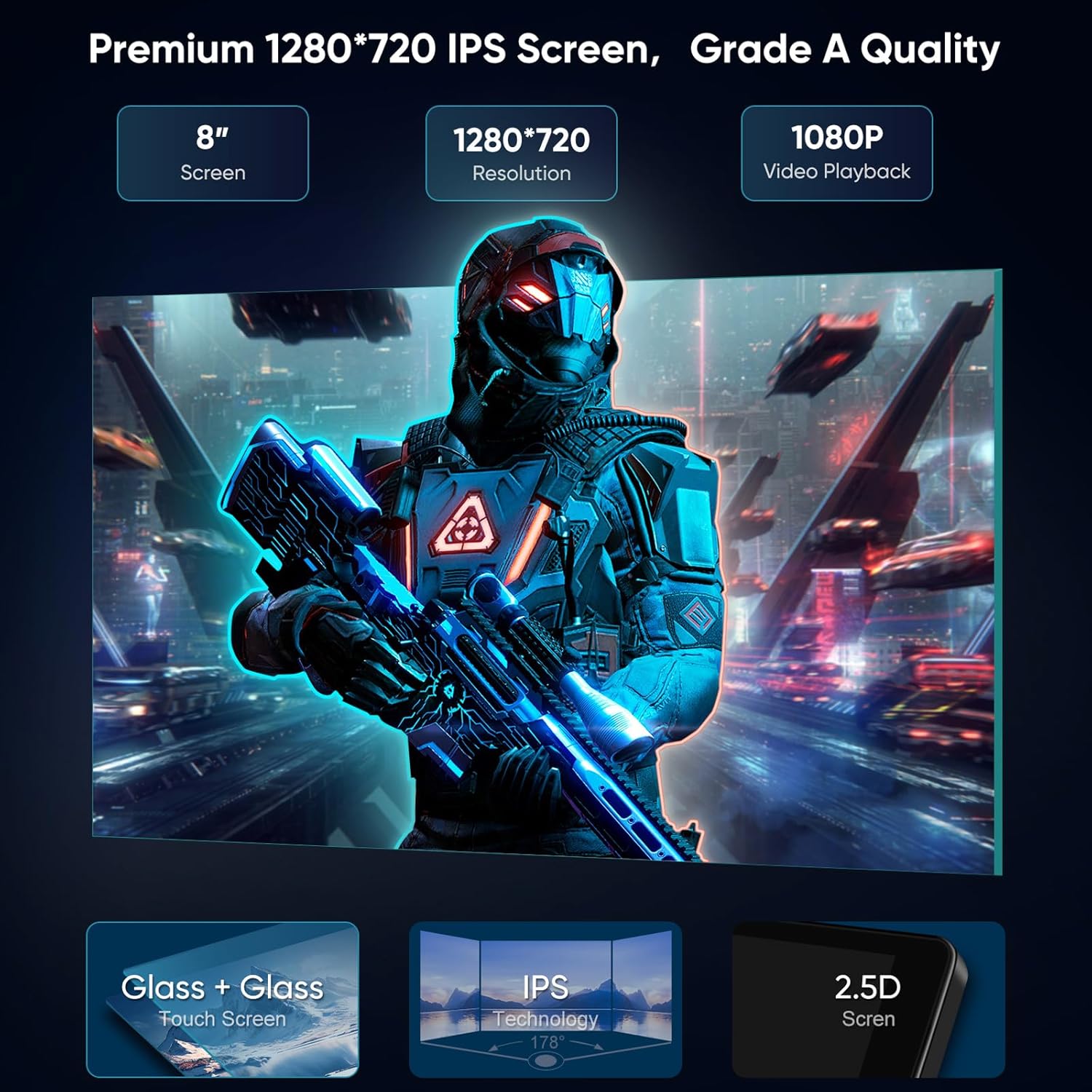 Image highlighting the premium screen specifications: 8-inch, 1280x720 resolution, 1080P video playback, G+G touch screen, IPS technology, 2.5D screen