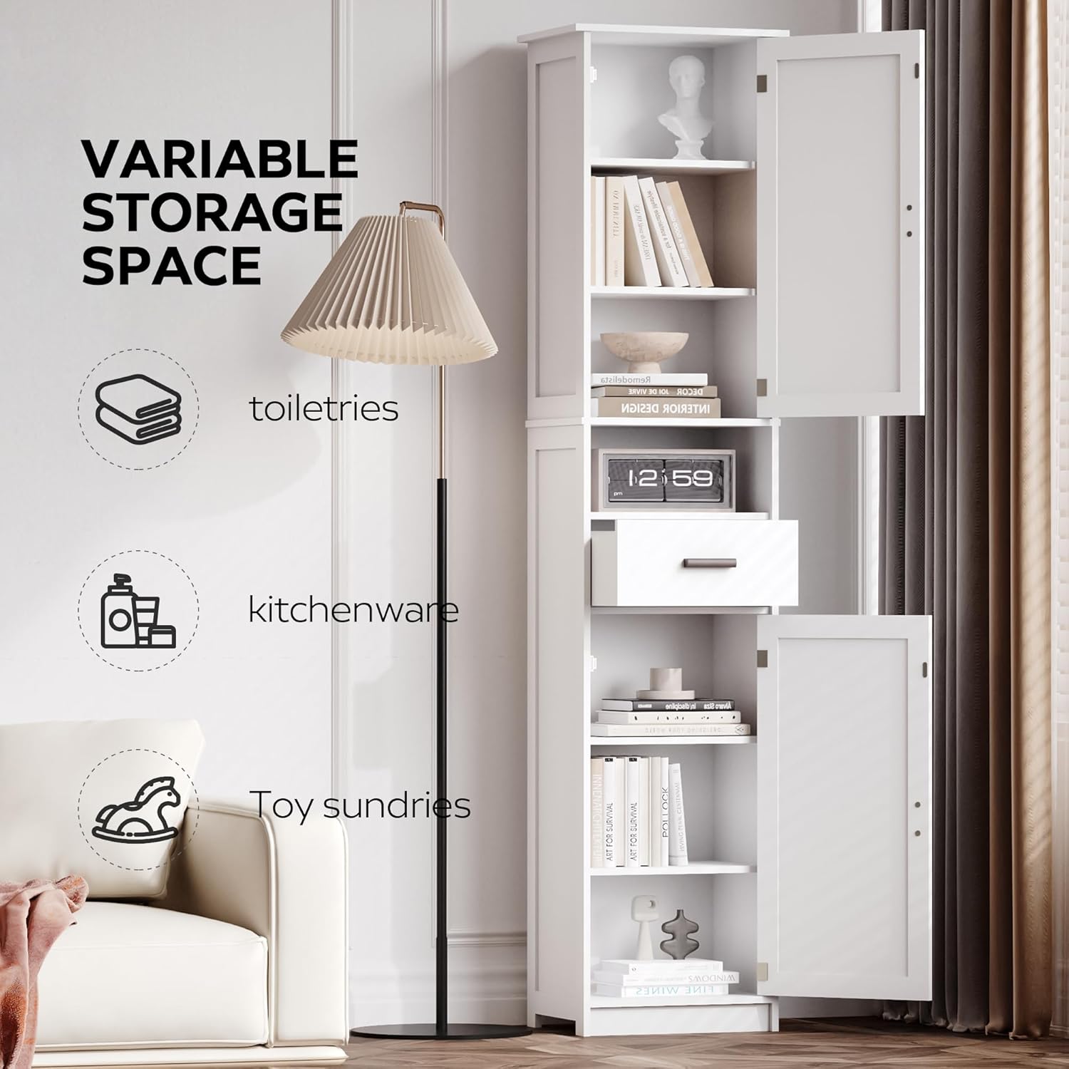 69 "H high Bathroom lockers 2 barn Doors and 1 Drawer Narrow Locker, Adjustable Rack, Suitable for Bathroom, Living Room, Entrance, Kitchen (White + Particle Board)