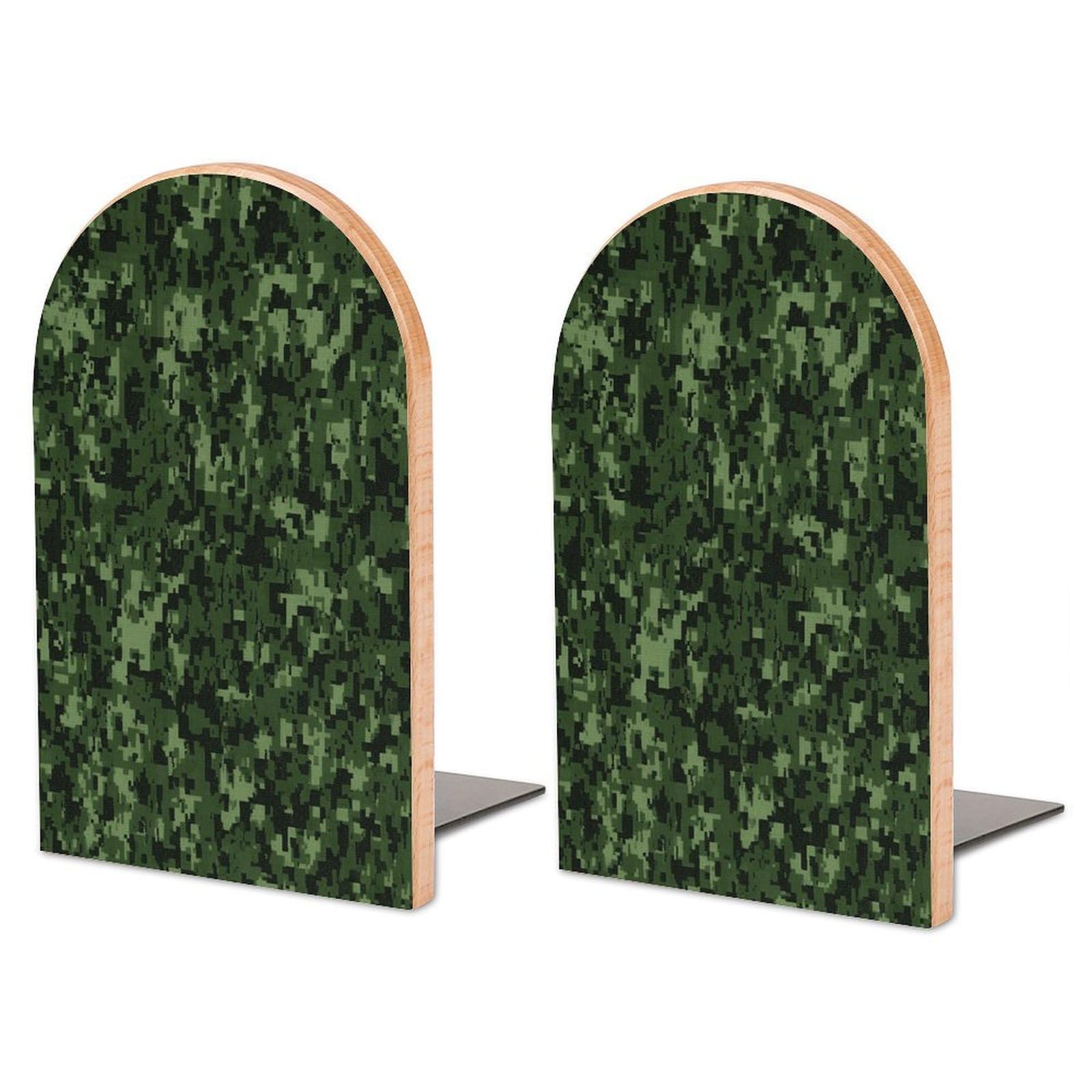 Green Army Digital Camouflage Bookend for Shelves Decorative 1 Pair Modern Wood Book End Universal Economy Bookend with Metal Base Heavy Duty Non-Slip Book Organizer for Home Office
