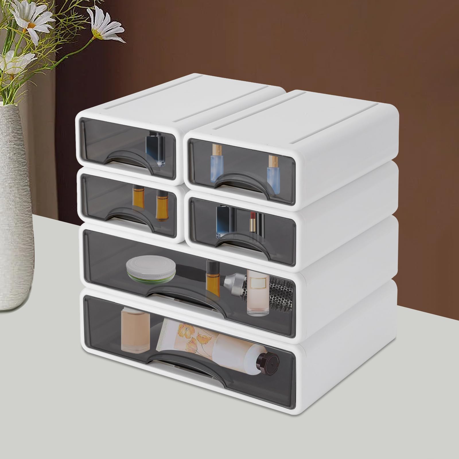 Boîte de rangement de bureau, Lot de 6 Organisateur de Bureau à Tiroirs Empilables, Tiroirs de Rangement en Plastique, pour bureau, Maquillage, fournitures artistiques, 34 x 25 x 33 cm