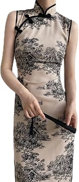Traditional Chinese Cheongsam Dress Sleeveless Slim Fit Tight Elegant Sexy Party Color Qipao Dress, Size S