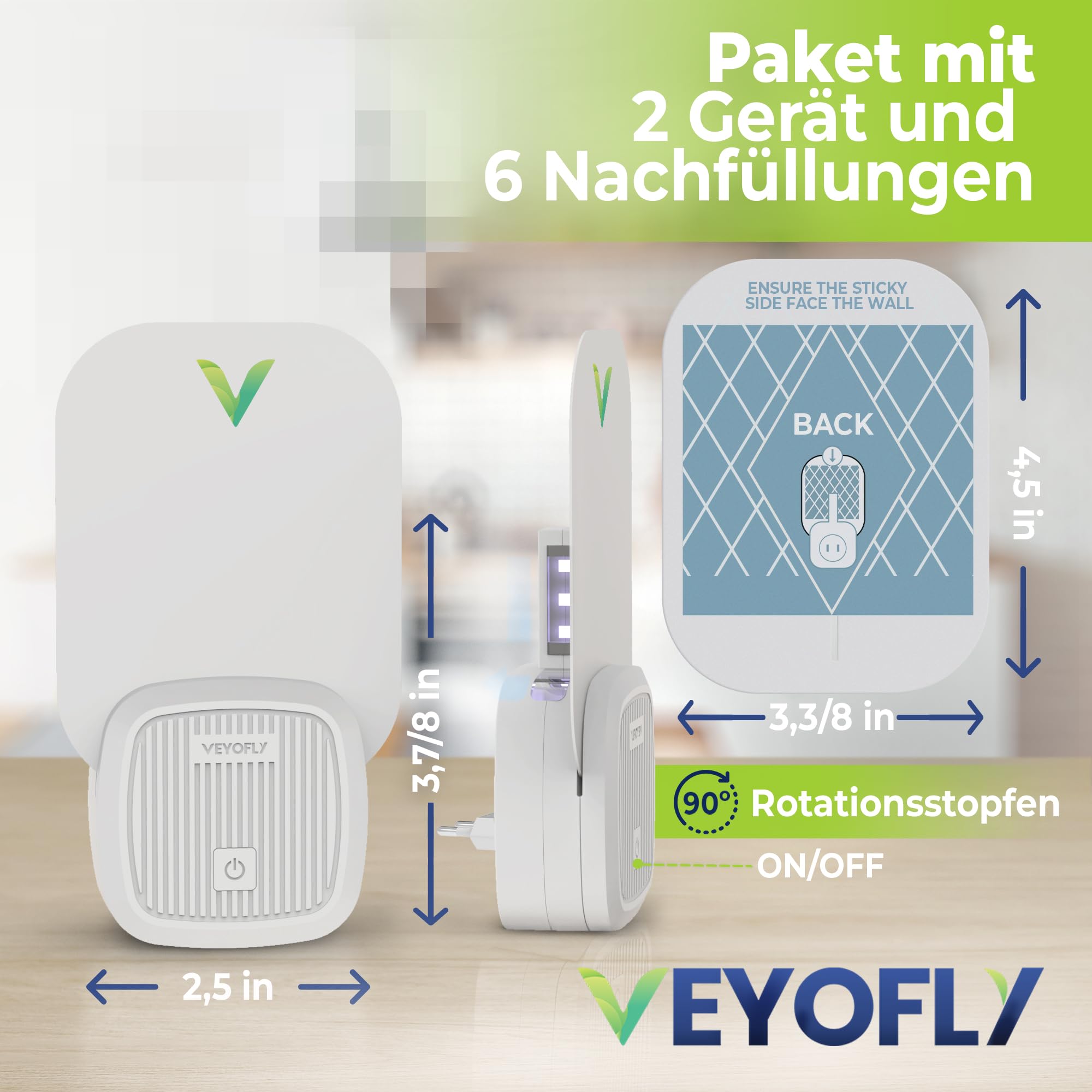 VEYOFLY Fluginsektenfalle, Insektenfänger,Innenfliegenfalle,Sichereres Zuhause,Fruchtfliegenfallen für Gnat, Motte,Moskito, Insektenlicht zum Einstecken,Insektenvernichter (2 Geräte+ 6 Klebekarten)
