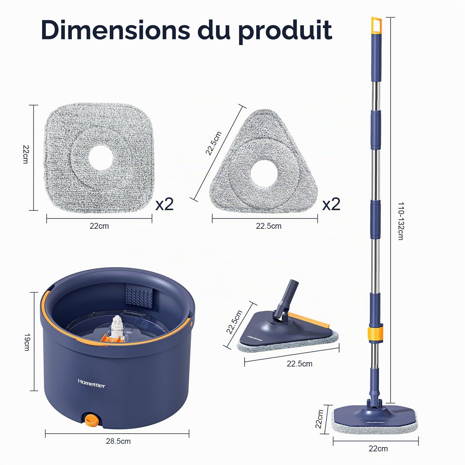 132cm Balai Serpillère avec Seau Essoreur, 2 en 1 Système de Filtre Ssépare la Saleté de l'eau Douce, Serpillere Microfibre pour Sol Fenêtre, Mop Vadrouille de Nettoyage avec 4 Tampons