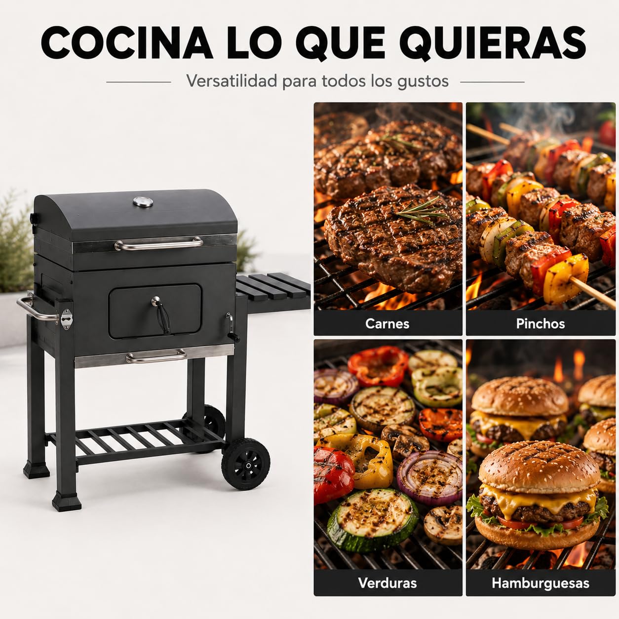 Barbacoa de carbón con tapa y ruedas – Parrilla amplia, mesas laterales, bandeja inferior, color negro, estructura resistente – Barbacoa para jardín y terraza Lorvik