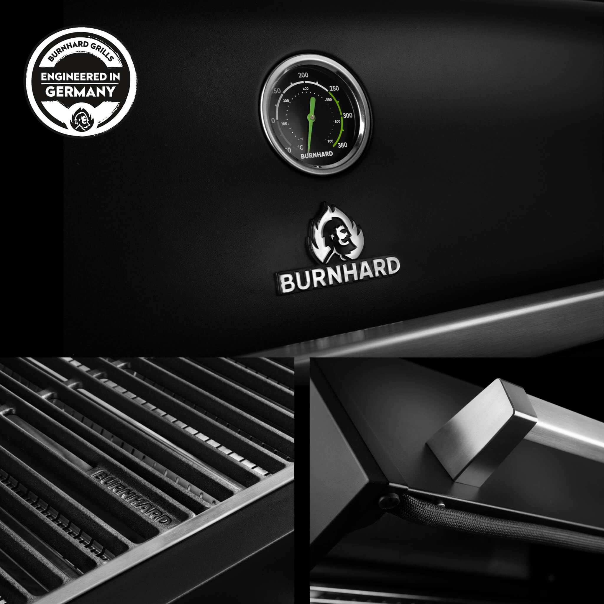 BURNHARD® Gasgrill 3-Brenner 2x Edelstahl-Stabbrenner 3,75 kW, 1x Infrarot-Keramikbrenner 3,75 kW, Gussrost, Piezo-Zündung – FRED Deluxe