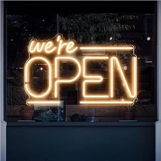 BedEuu Letrero de neón con texto en inglés "We Are Open", luz LED regulable para negocios, decoración de ventana alimentada por USB, para tienda, bar, cafetería, restaurante, salón (40 x 25 cm, blanco