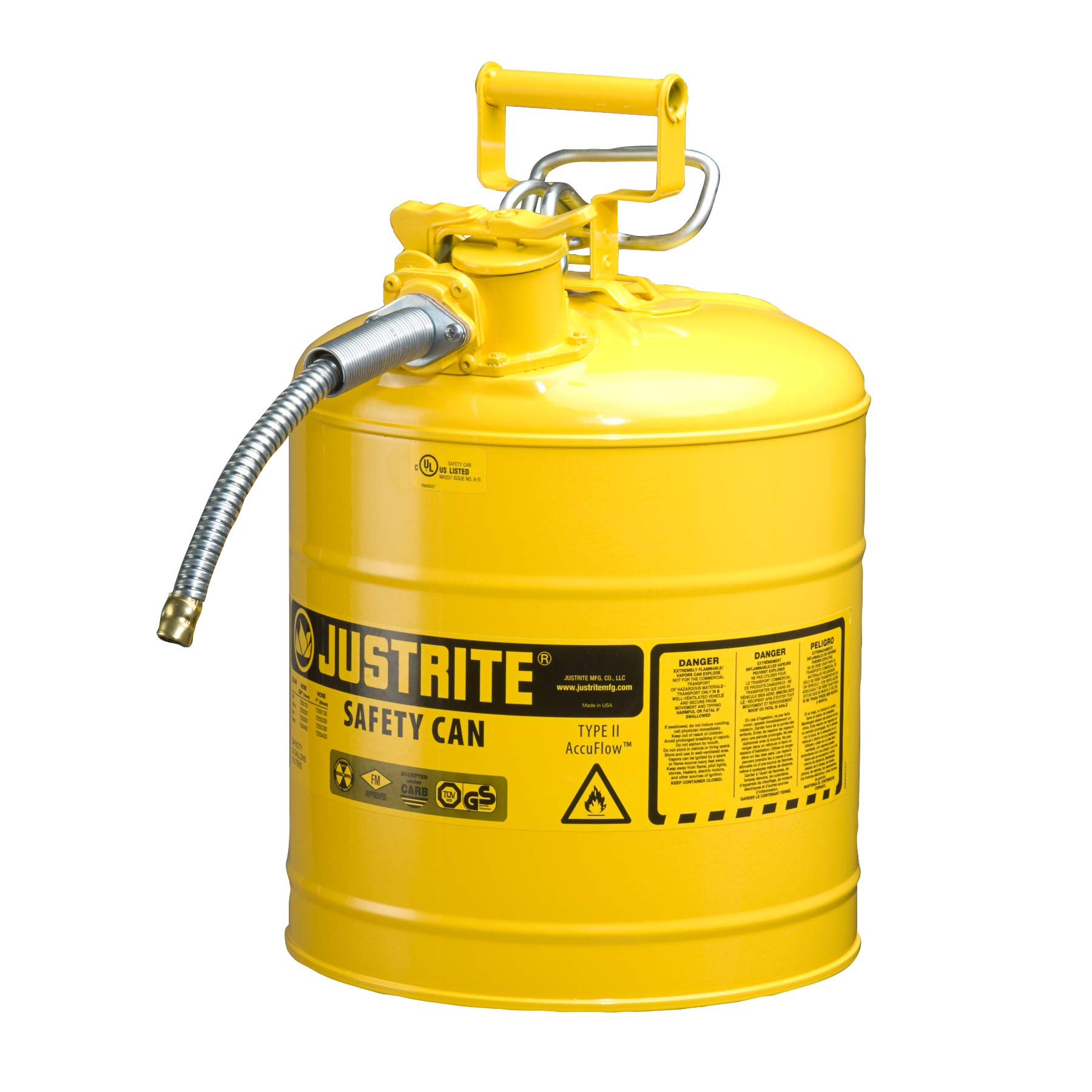 Justrite 7250220 Type 2 Diesel Can, 5/8in Hose, 5 Gal, Yellow