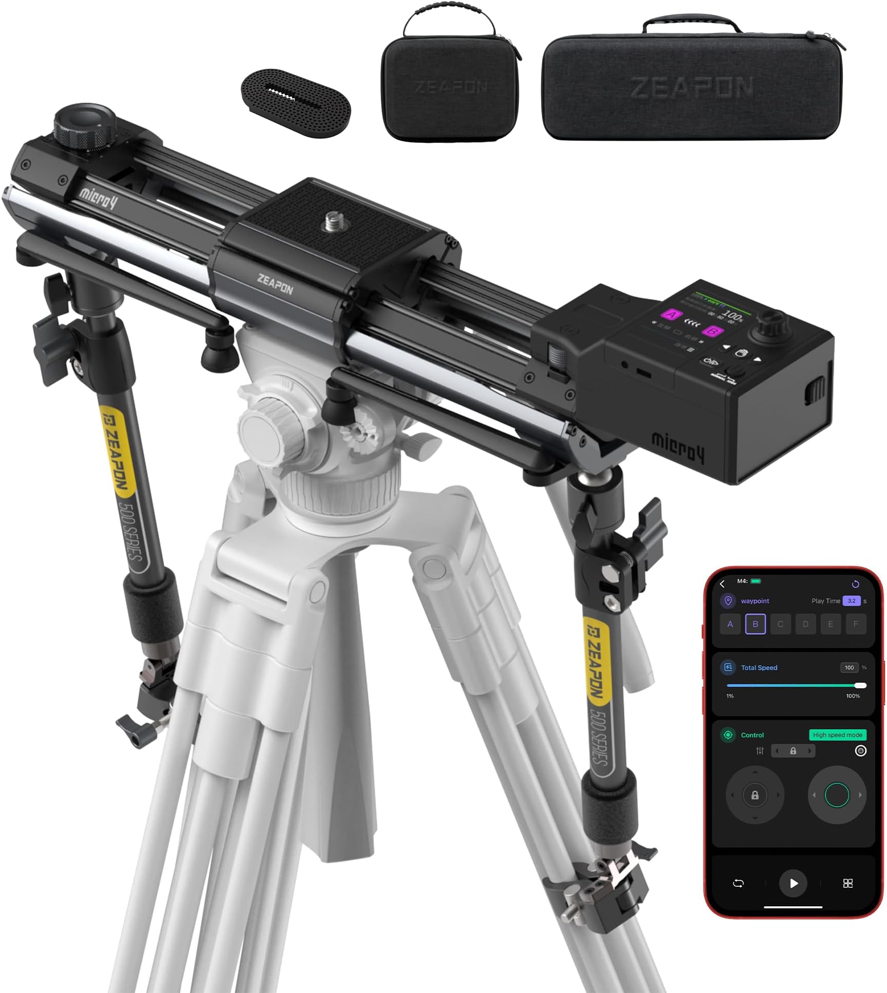 Zeapon Micro4 E500 Double Distance Motorized Camera Slider, High-Speed Low Noise Motor 10-26Lbs Payload, 27''/59cm Compact Slider with Carrying case, LCD Screen, App Control, Smooth Damping Design