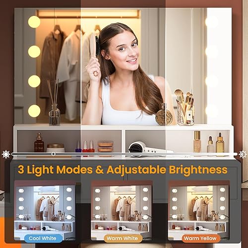 Miniatura 5 de AOGLLATI Escritorio de tocador de maquillaje con espejo y luces y estación de carga, mesa de tocador blanca con cómoda LED de 3 cajones, escritorio