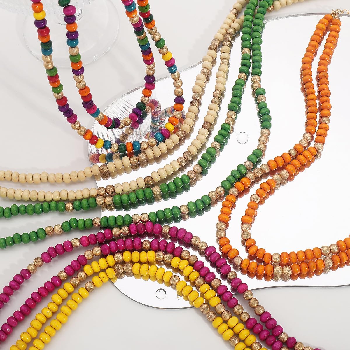 COLORFUL BLING Layered Boho Wood Beaded Choker Necklace Vintage Natural Wooden Bead Collar Necklace for Women Handmade Tribal Bohemian Jewelry