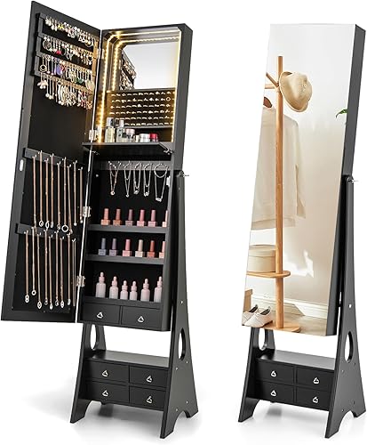 GOFLAME Armario de joyería independiente, armario de joyería con luz LED con espejo sin marco de longitud completa, estante plegable, 6 cajones,