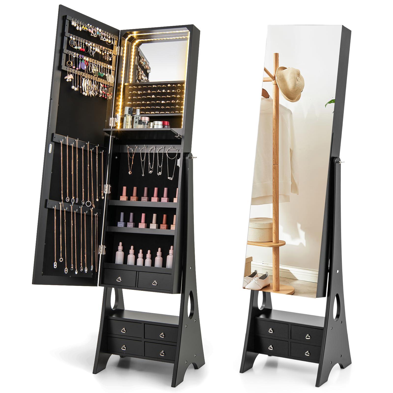 COSTWAY 3-Color LED Lights Jewellery Cabinet, Freestanding Jewelry Armoire with Full Length Mirror, Large Storage and Foldable Shelf, 3-Angle Adjustable Bedroom Jewellery Organiser Unit (Black)