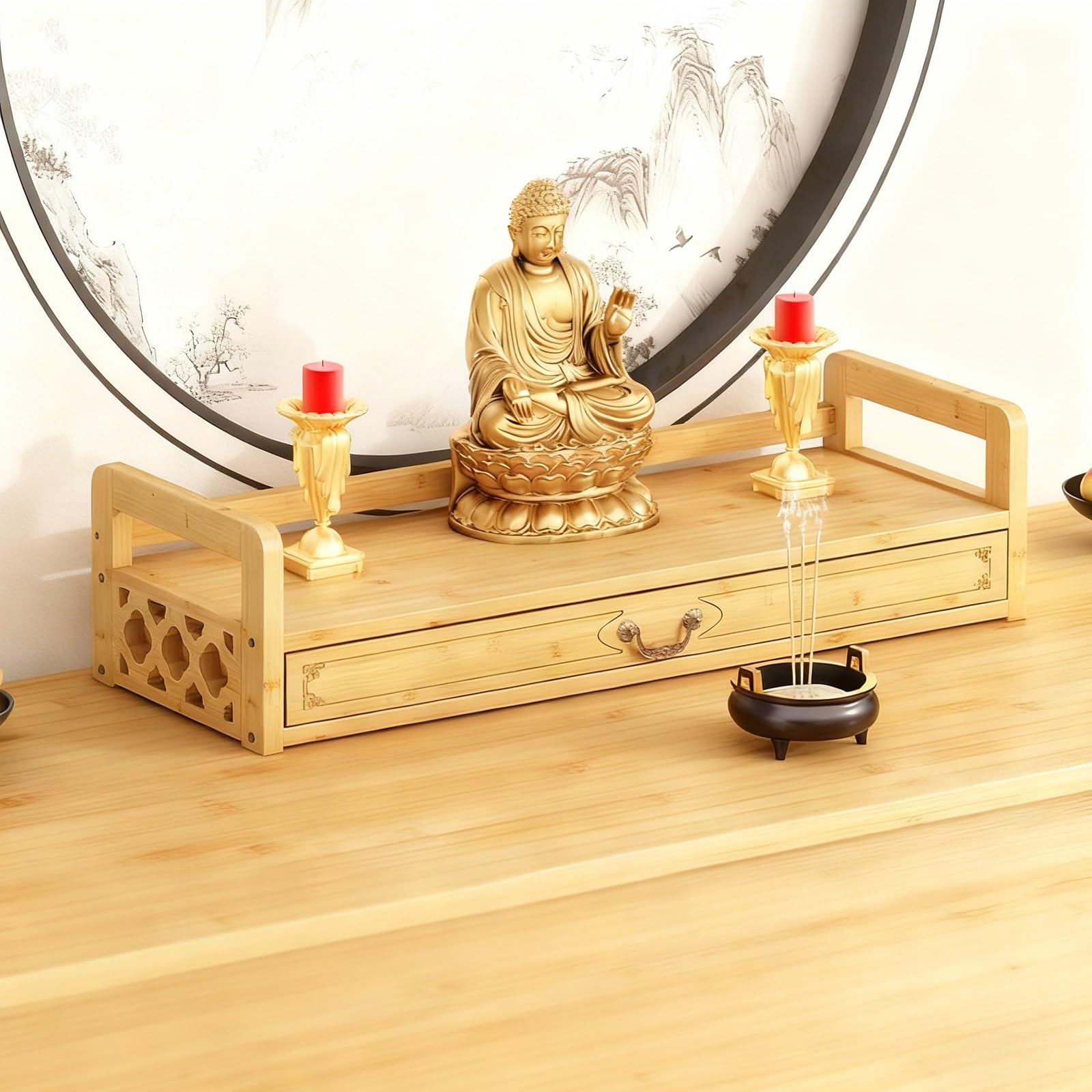 JNTFNE Bamboo Altar Table with Drawer, Buddhist Altar, Puja Desks, Meditation Table, Shrine for Witch Wiccan Prayer Stand Riser Home Decor(Yellow,52x25x16.5cm)