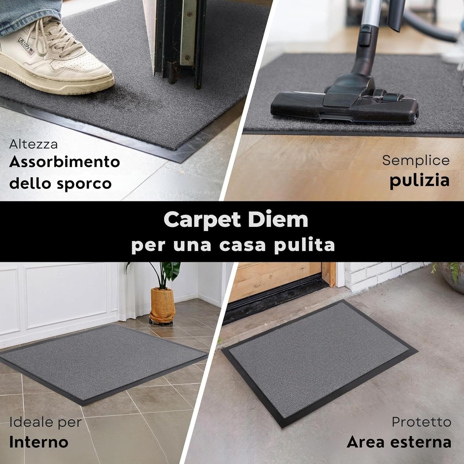 Carpet Diem Zerbino 40 x 60 cm - Tappeto ingresso antisporco - Interno ed Zerbino da Esterno, Tappetino antiscivolo per Porta, Tappeto antisporco per Porta d Ingresso - Nero-antracite