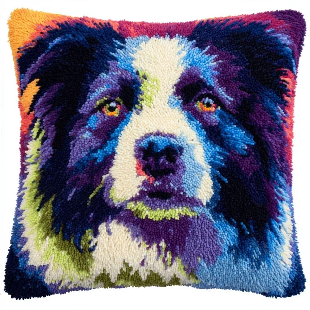 Latch Hook Cushion Kit,Border Collie Diy Throw Pillow Cover 43X43Cm
