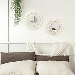 Dremisland Hanging Wall Mirror-Boho Macrame Fringe Round Decorative Mirror with Wood Beads,Art Ornament for Apartment Home Bedroom Living Room-2 Set (Pattern-02)