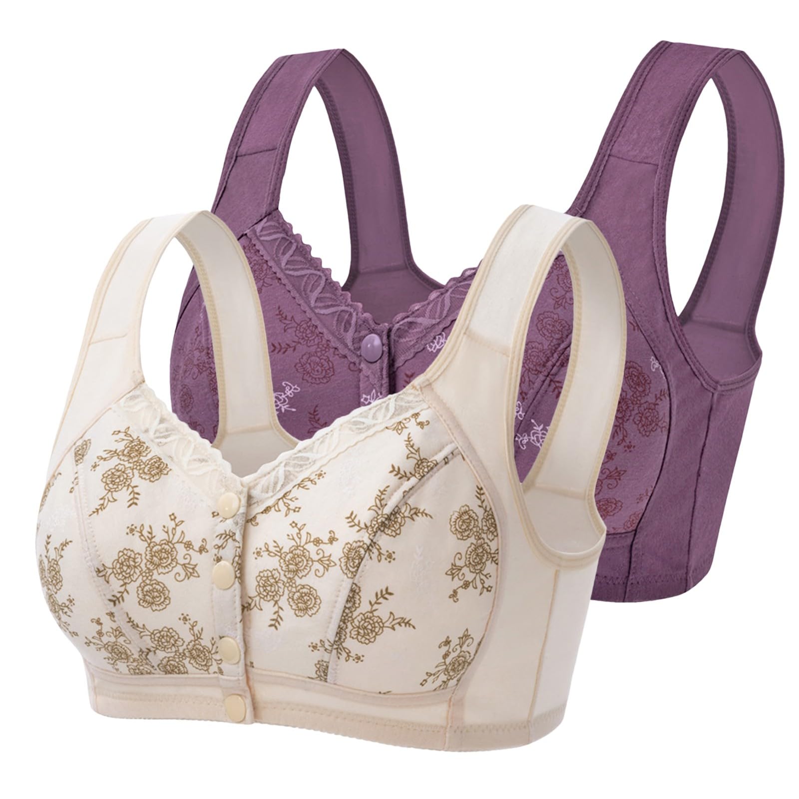 Generic2PC Comfort Bras for Women Plus Size UK Wire-Free Front Button Closure Bra Front Fastening Bras Daisy Bras Full Coverage T Shirt Bra Wireless Ladies Bralettes