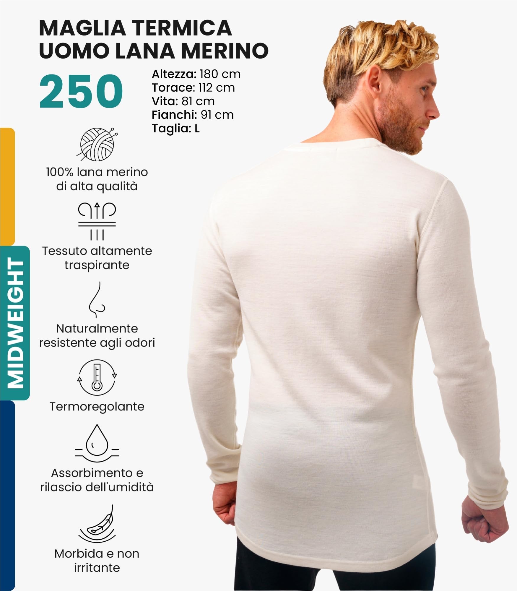 Merino.tech Maglia Termica Lana Merino Uomo - 100% Intimo Termico Lana Merino Uomo Leggero, Medio, Pesante con Calzini