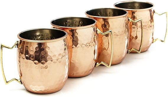 Set Regalo 4 Tazze Moscow Mule In Rame Massiccio – Con Cannucce, Sottobicchieri In Legno, Bicchierino E Cucchiaio, Laccato Food-grade