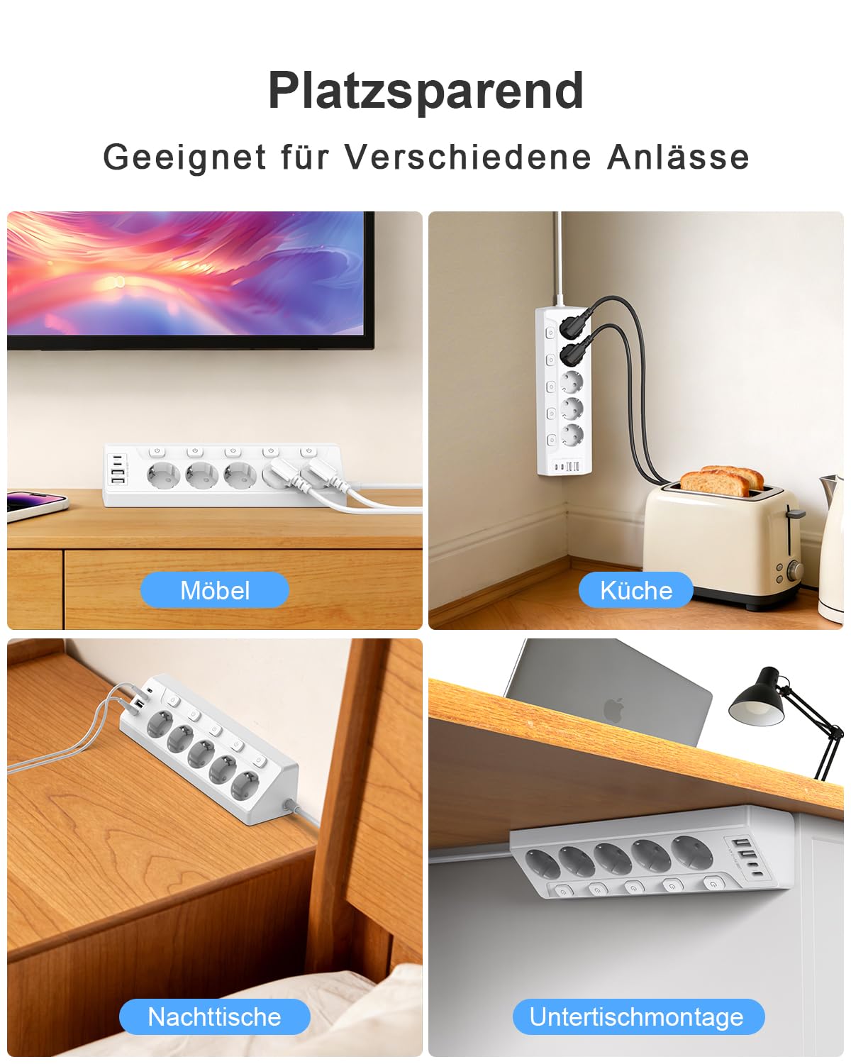 Regleta de esquina con interruptor independiente, regleta con 4 USB (2 USB C)+5 enchufes con seguridad para niños, 3680 W, cable de extensión de 2 m para cocina, oficina, hogar (color blanco)