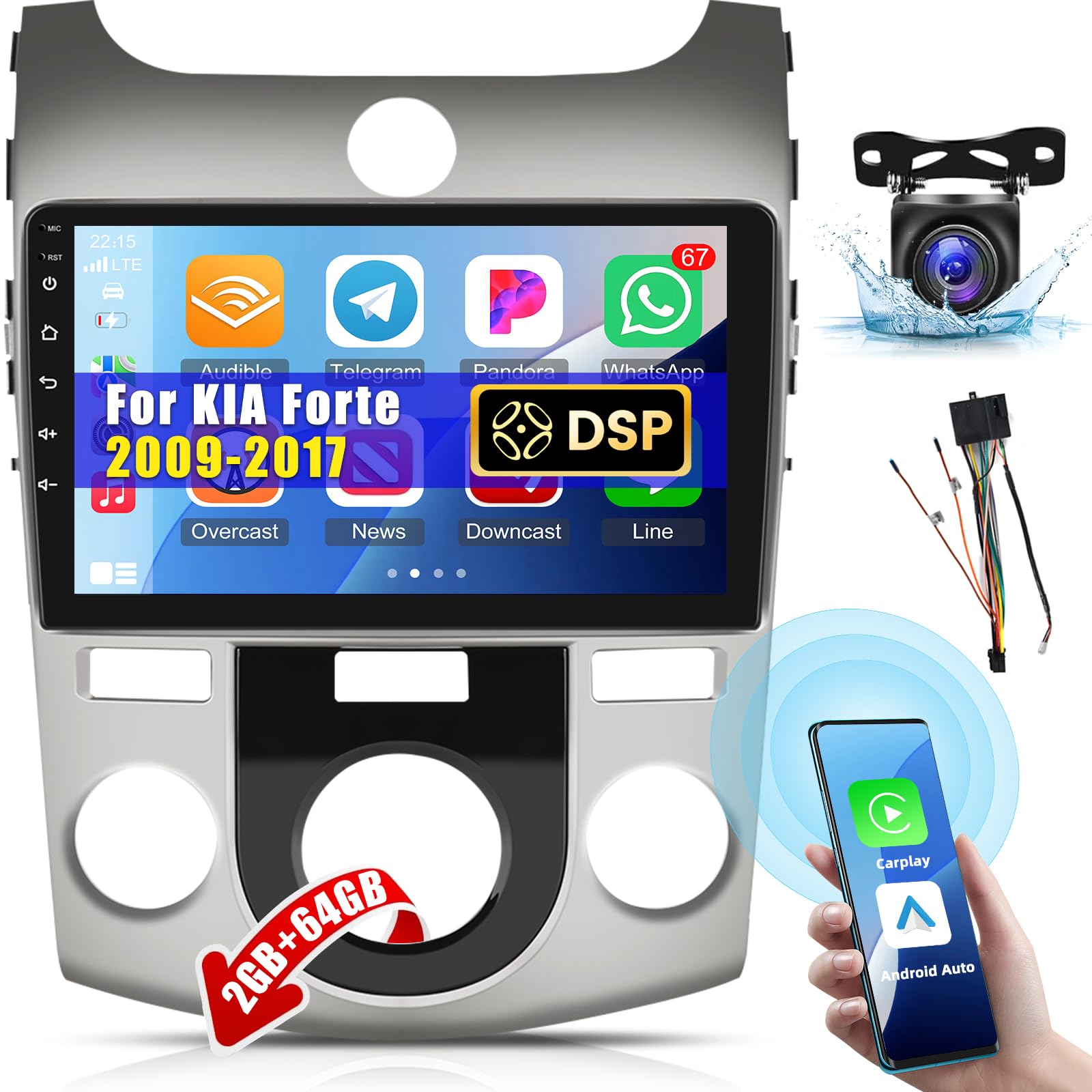 Photo 1 of [2+64G] for KIA Forte 2009-2017 (Manual A/C) Android Radio, 9 inch Touchscreen Carplay Radio - Wireless Carplay & Android Auto, GPS, WiFi, Mirror Link, DSP+EQ, SWC + AHD Backup Camera