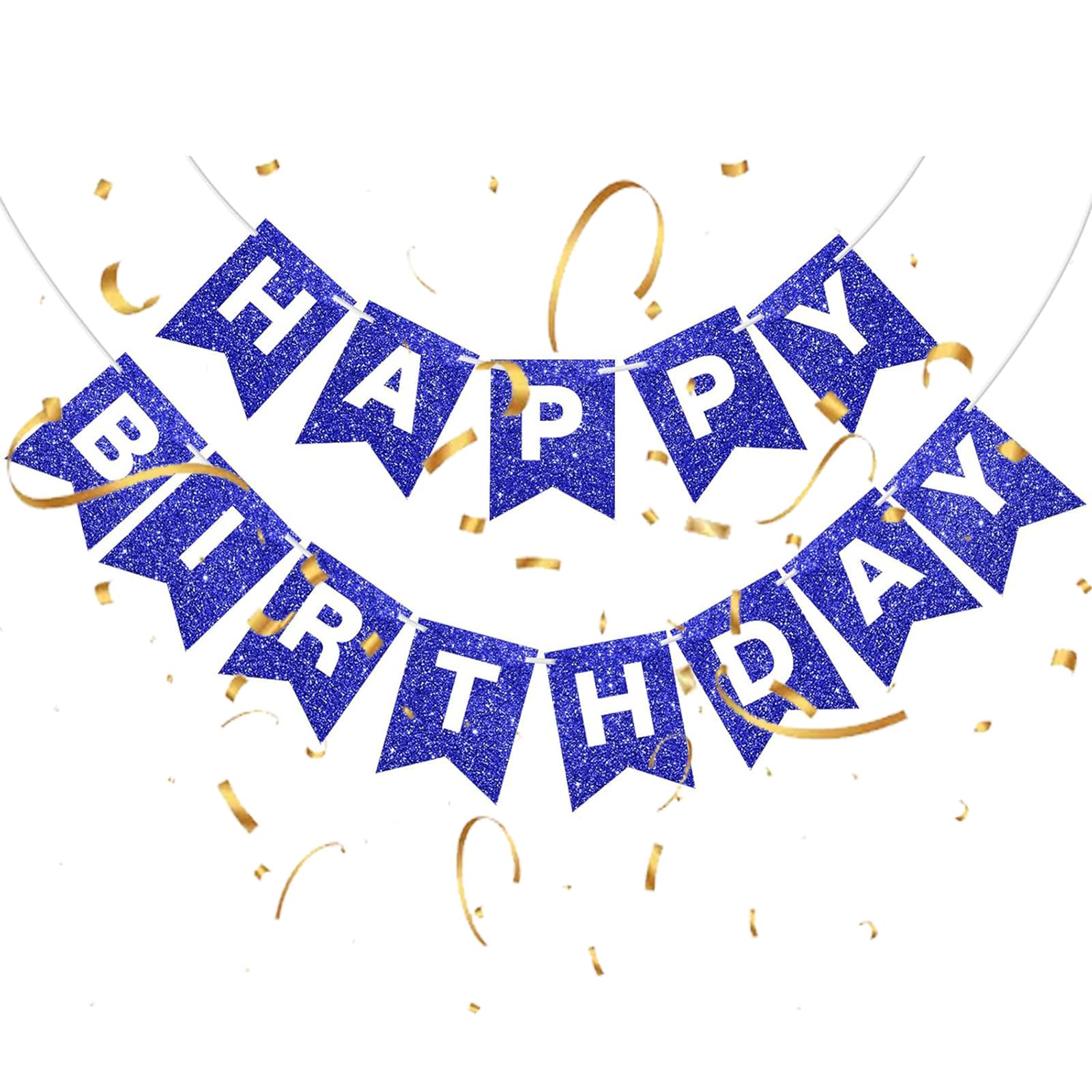 Blue Glitter and Gold Foil Happy Birthday Banner – Elegant Party Decorations Banner, Bunting Garland and Backdrop Sign for Birthday Parties, Wall or Door Hanging Décor