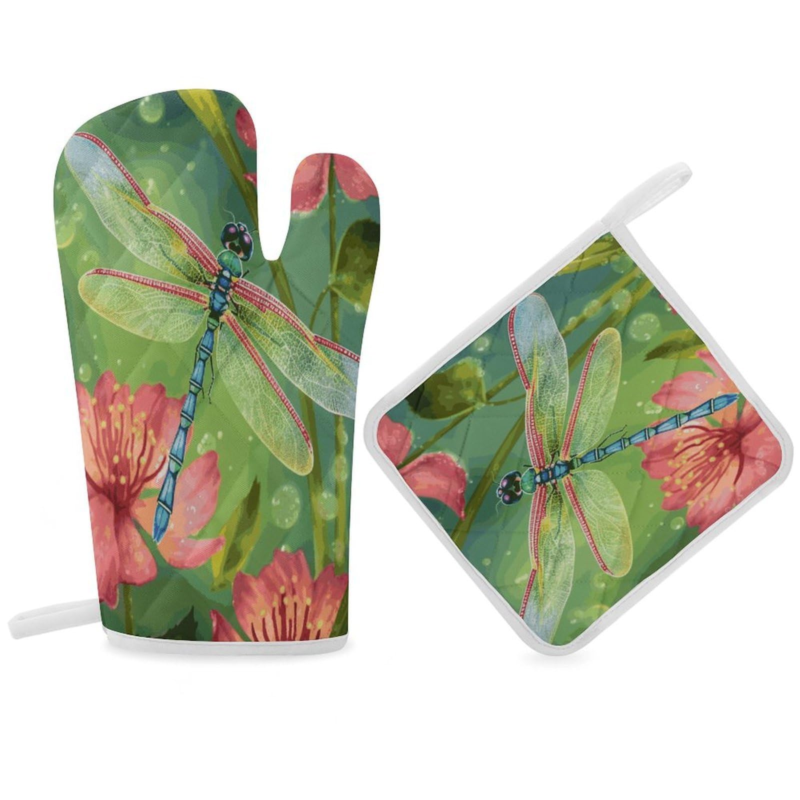 Fodpand Women's Style Dragonflies And Flowers Oven Mitts And Pot Holders Sets,Oven Gloves For Kitchen Oven Mitts And Potholders For Baking Cooking Grilling Apartment Essentials