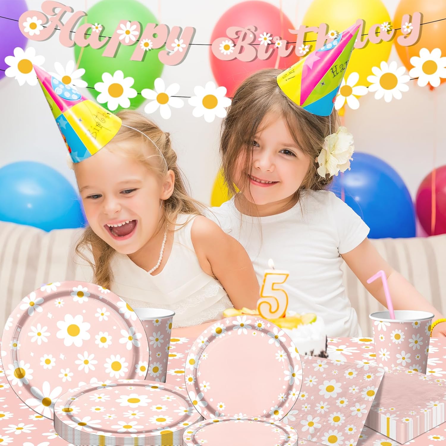 142PCS Daisy Birthday Party Tableware Set,Pink Groovy Daisy Flower Supplies Include Daisy Plates and Napkins Cup Tablecloth Banner for Retro Theme Hippie Girl Birthday Baby Shower Wedding Supplies - Image 2