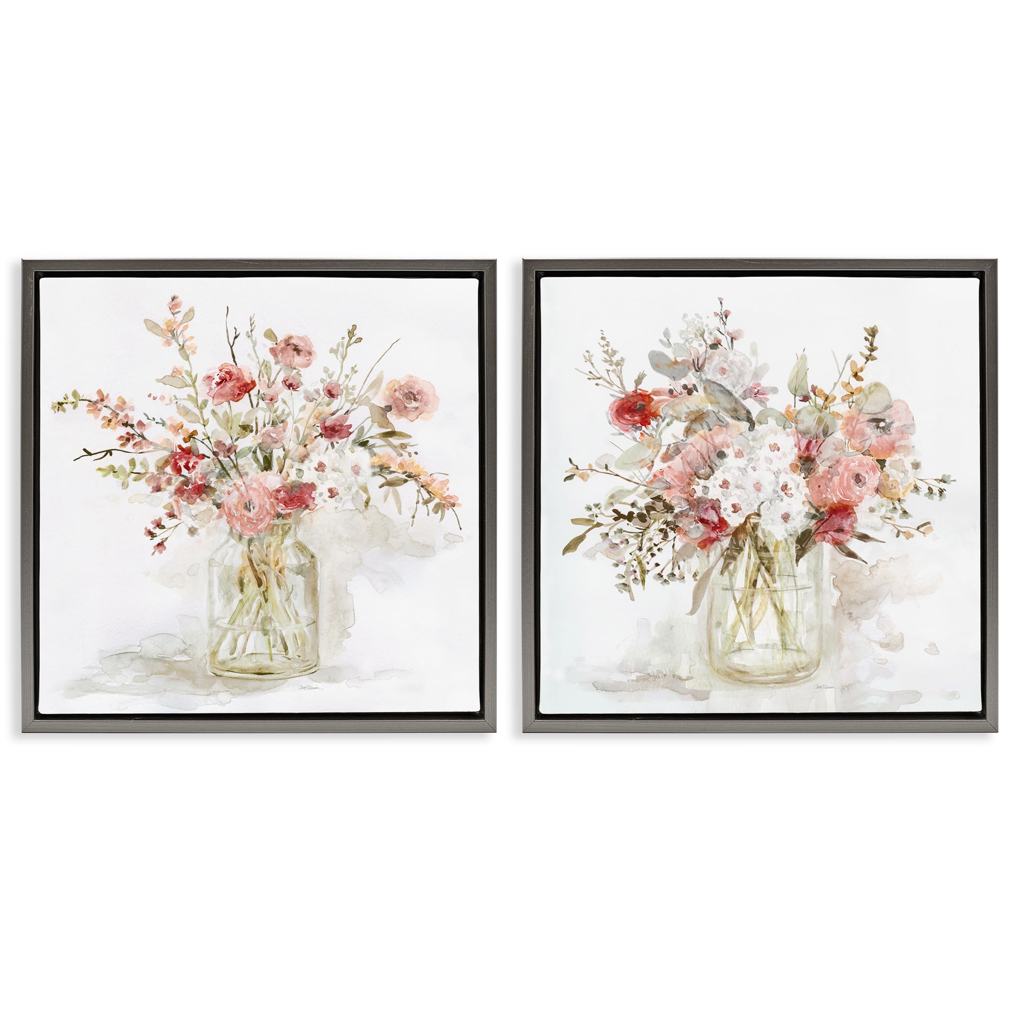 Stupell Industries 'Delicate Watercolor Bouquets in Glass', 2pc Floating Frame Art Set 2, Gray, 18 x 18 Inches, Easy to Hang and Sturdy, Made in USA, by Carol Robinson