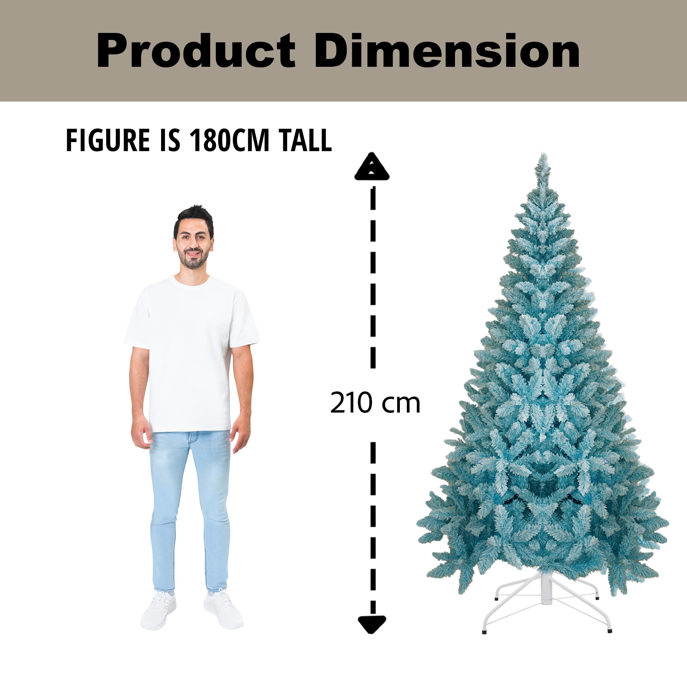 Sapin de Noël Artificiel floqué Bleu de 2,1 m avec Support en métal Pliable 1084 Branches articulées pour décoration de Maison