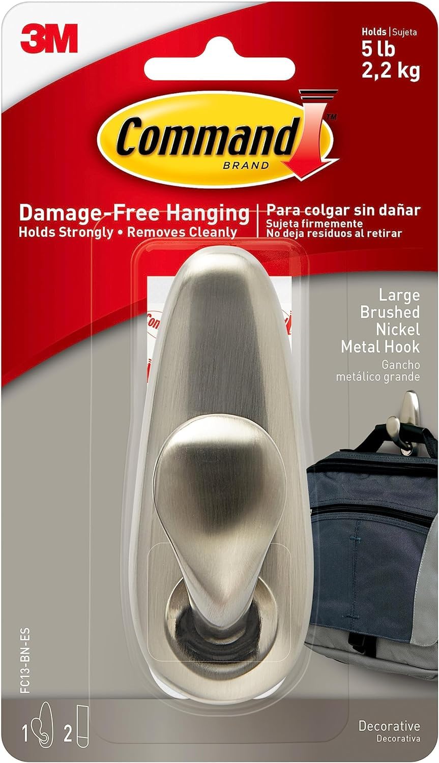 Command Large Forever Classic Brushed Nickel Metal Hook, Indoor use - 1 Hook and 2 Adhesive Strips - Organise Damage Free