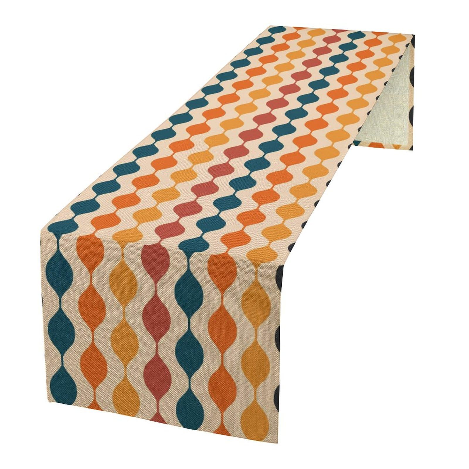 Groovy Retro Table Runner, Mid Century 60s 70s Style Abstract Geometric Stripes Navy Blue Orange Red Print Coffee Table Runner for Farmhouse Table Party 13x36 Inch