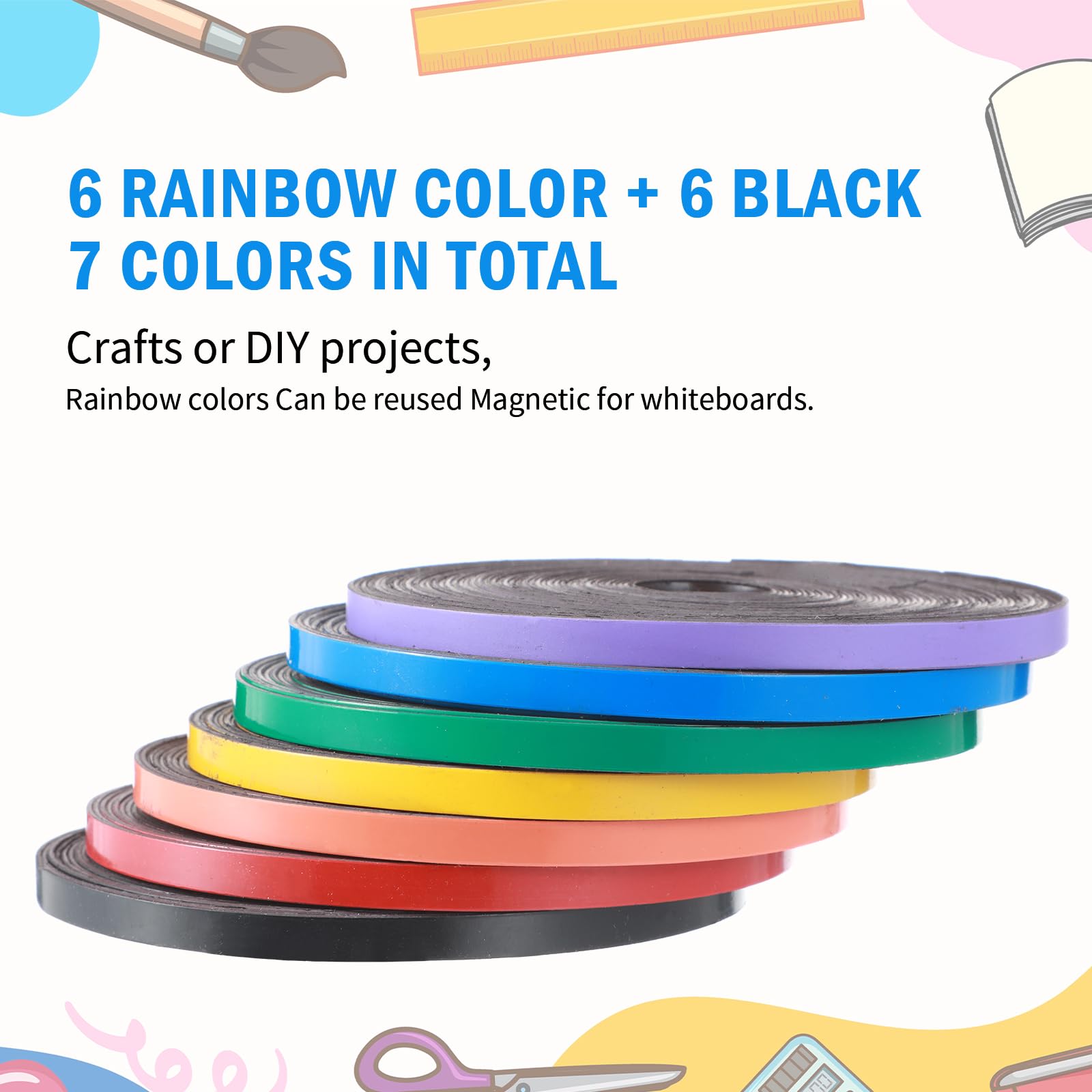 Rolling Whiteboard Tellegloww 6 Rolls 1/4" X 33ft Rainbow Color Roll Thin Strips With 48 Pcs 3.2 X 1.2 In Magnetic Dry Erase Labels Board Dividers For Classroom School Office Magnetic Tape