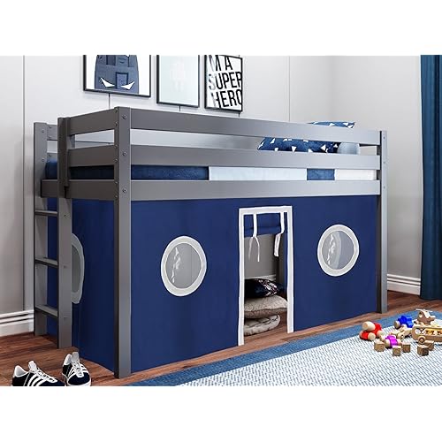 JACKPOT! Contemporary Low Loft Twin Bed with End Ladder, Gray with Blue & White Tent
