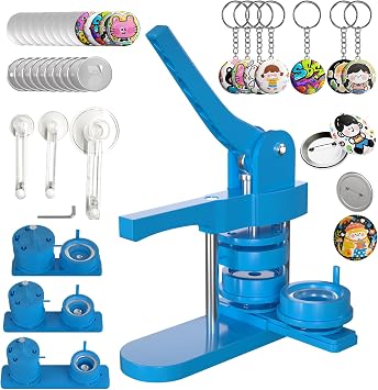 1+1.25+2.25 inch Multiple Sizes Button Maker Machine, 300 Buttons, 30 Fridge Magnets, 10 Bottle Openers, 10 Keyrings, 3 Circle Cutters, Button Badge Press Machine Blue, 353 Pcs