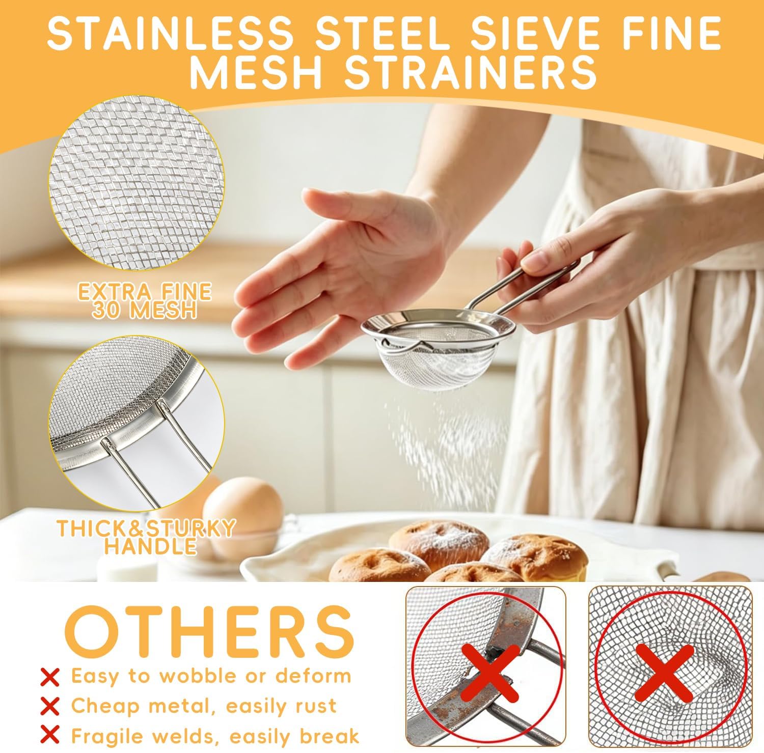 3-Piece Stainless Steel Mesh Strainer Set Small/Med/Large Fine Mesh Kitchen Sifters w/Handles – Silver, for Sifting/Straining/Cooking