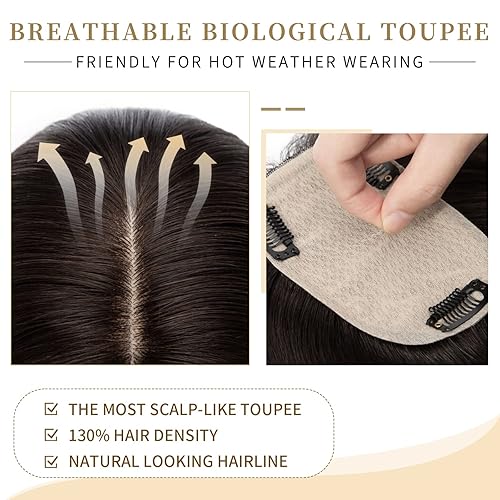 Miniatura 4 de Hairro Toppers de cabello humano para mujer, piezas de cabello Remy con clip, densidad del 130%, base de seda de 3.2 x 4.7 pulgadas con separación