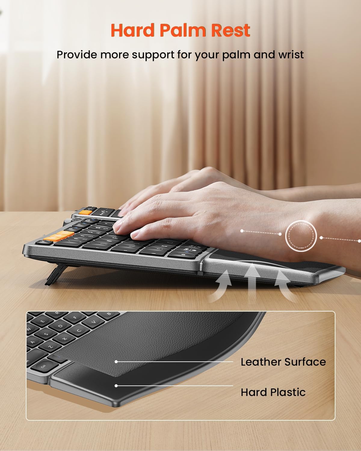 ProtoArc Bluetooth Ergonomic Keyboard, Wireless Ergonomic Keyboard with Separate Number Pad, Dual Bluetooth and USB, Hard Palm Rest, Split Design, Rechargeable for Windows/Mac/Android - Image 3