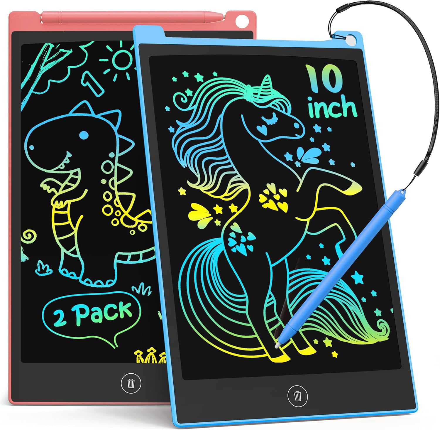 TECJOE 2 Pack LCD Writing Tablet, 10 Inch Colorful Doodle Board Drawing Tablet for Kids, Kids Travel Learning Toys Christmas Birthday Gifts for 3 4 5 6 Year Old Boys and Girls Toddlers