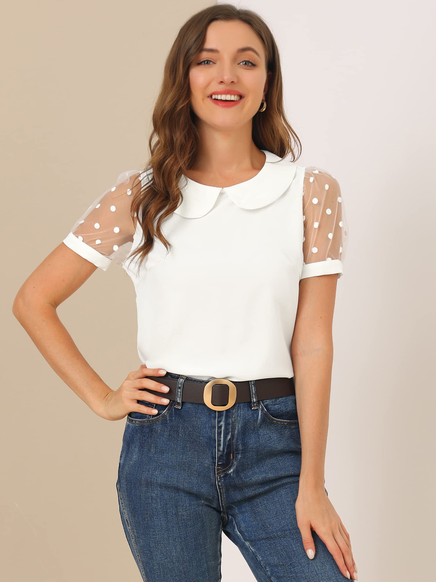 Allegra K Damen Puffärmel Vintage Bubikragen Oberteil Mesh Polka Punkte Top Bluse
