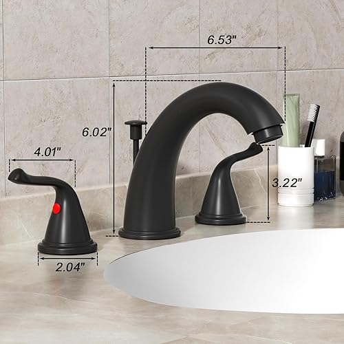 Miniatura 5 de Grifo de lavabo de baño generalizado de 3 agujeros, grifo para fregadero de baño, 2 manijas negro mate grifo de baño con drenaje emergente y líneas