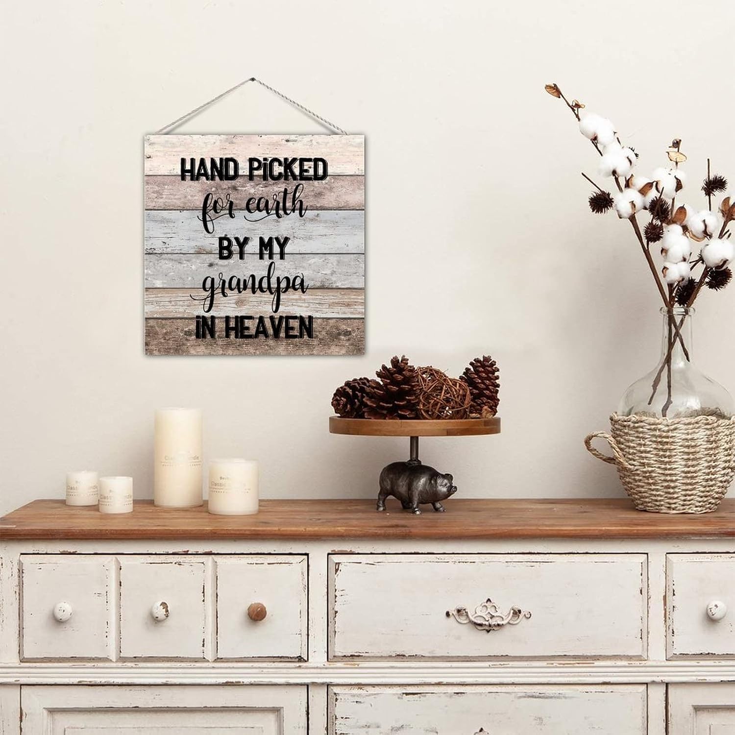 Retro Memorial Wood 12in Sign Hand Picked for Earth by My Grandpa in Heaven Wooden Wall Pediment Plank Hanging Plaque Old Fashioned Wood Door Hanger Sign for Lake House Dining Room Wall Hanging