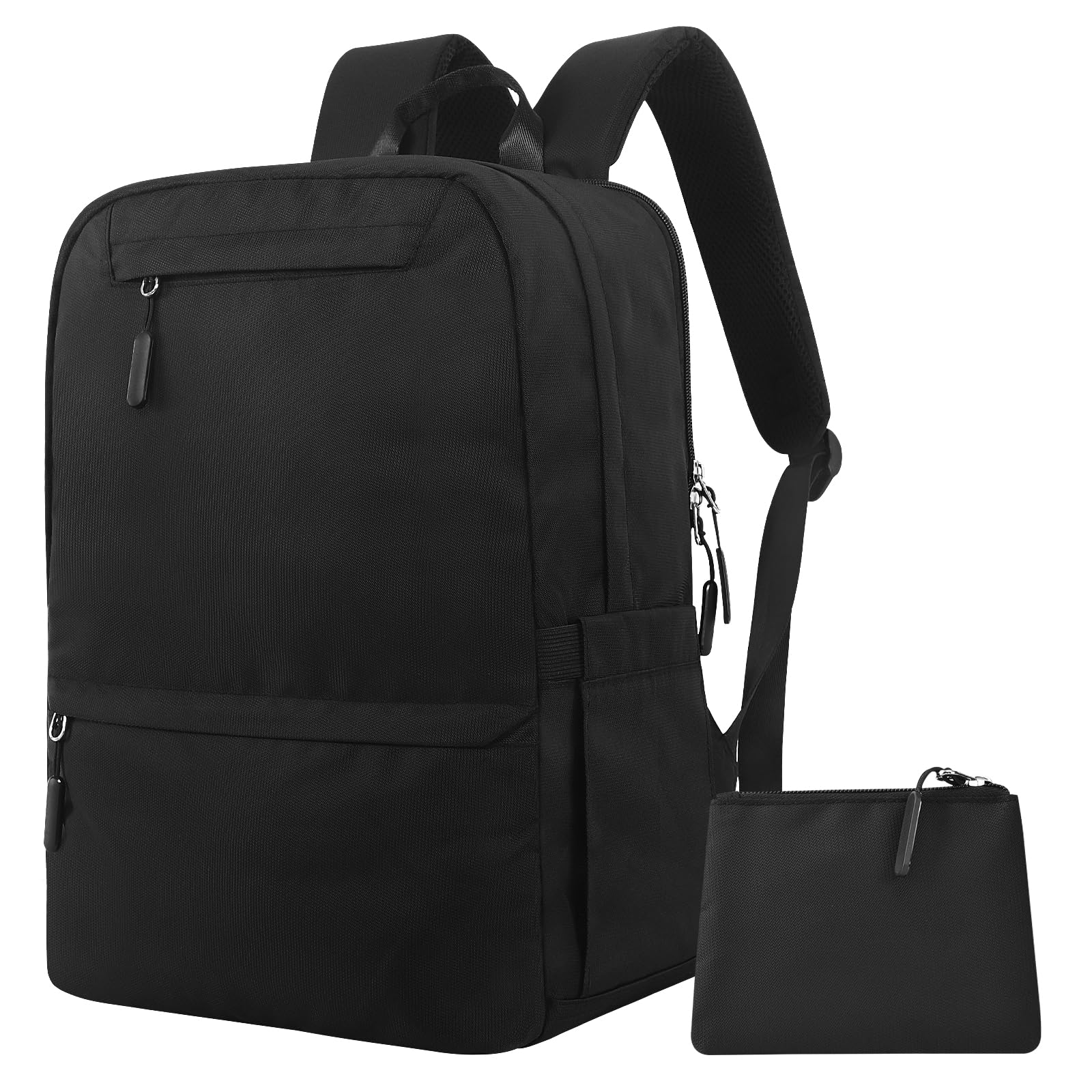 A plain black backpack with a front zippered pocket, side pockets, padded shoulder straps, and a matching small black zippered pouch—ideal as one of the best backpacks for elementary school.