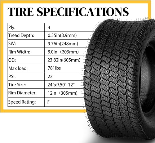 Miniatura 2 de Juego de 2 neumáticos de césped de 24 x 9.50-12 sin cámara 249.5-12 4PR 24-9.50-12 para césped de jardín, tractor, carrito de golf