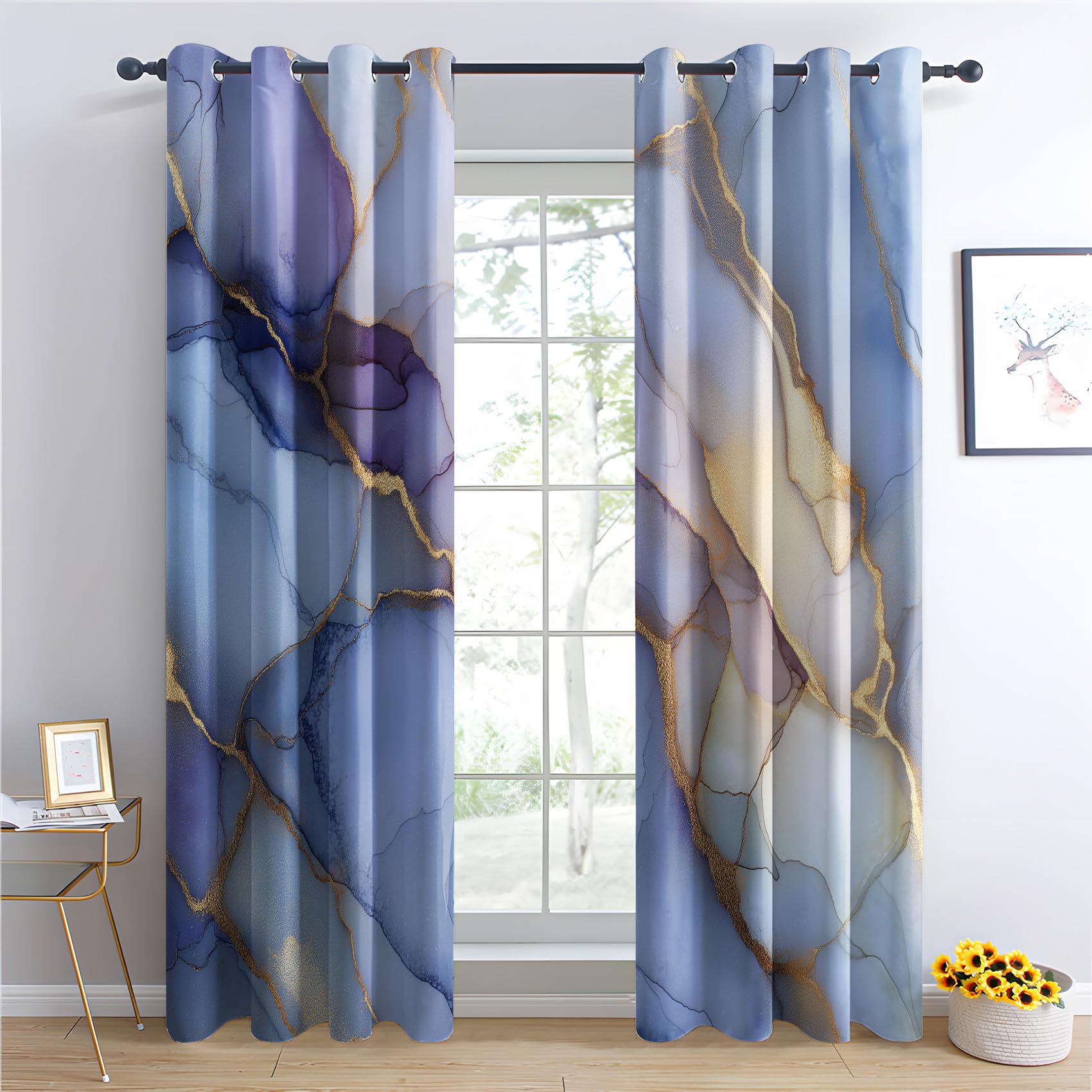 Venivici Marble Blackout Curtains for Bedroom Living Room - 72 Inch Drop Curtains Eyelet, Luxury Abstract Agate Patterned Window Treatments, Thermal Insulated Drapes 66x72 2 Panels