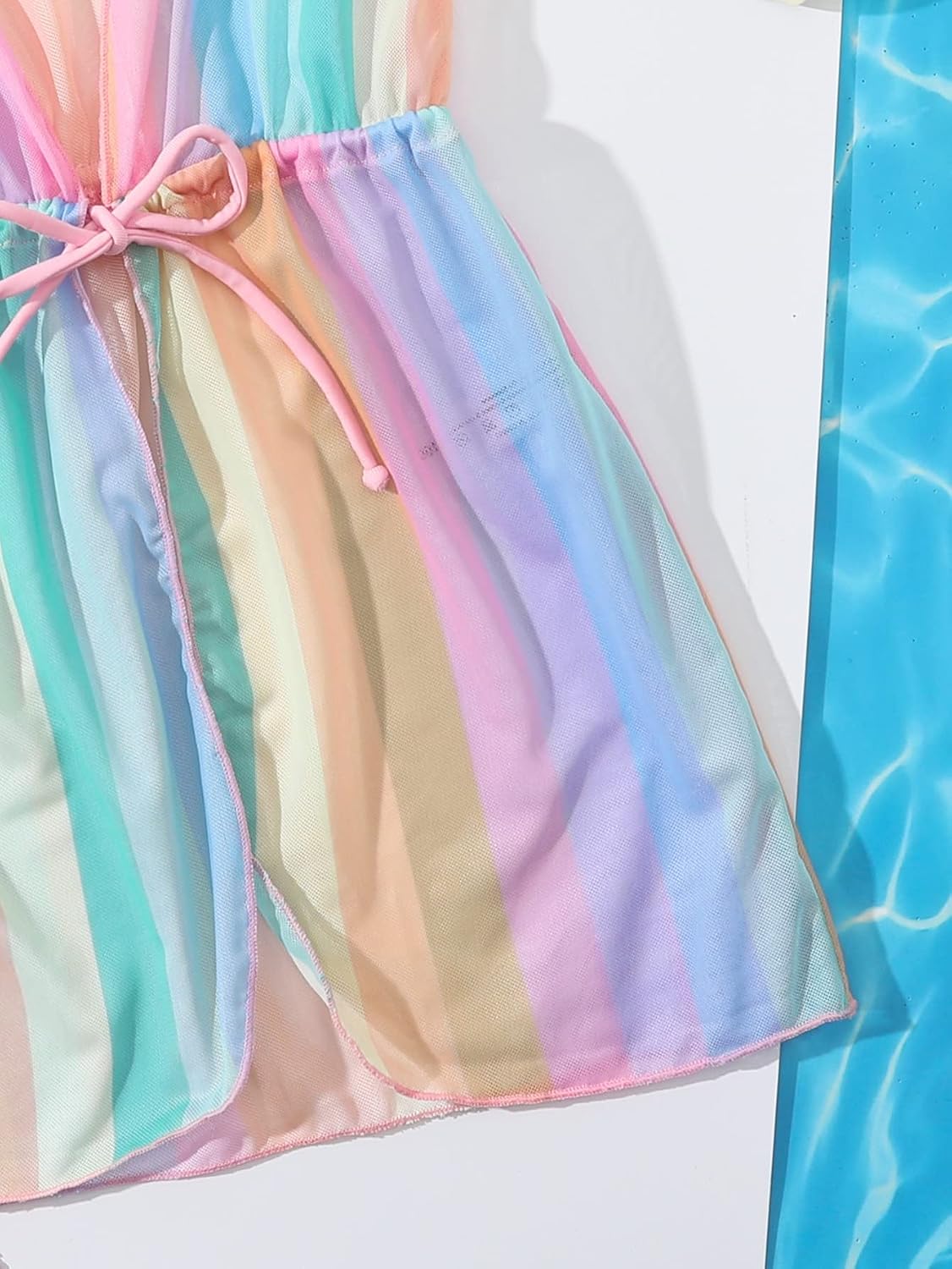 OYOANGLE Girl's Drawstring Waist Short Sleeve Swimwear Kimono Sheer Mesh Cover Up Short Dress