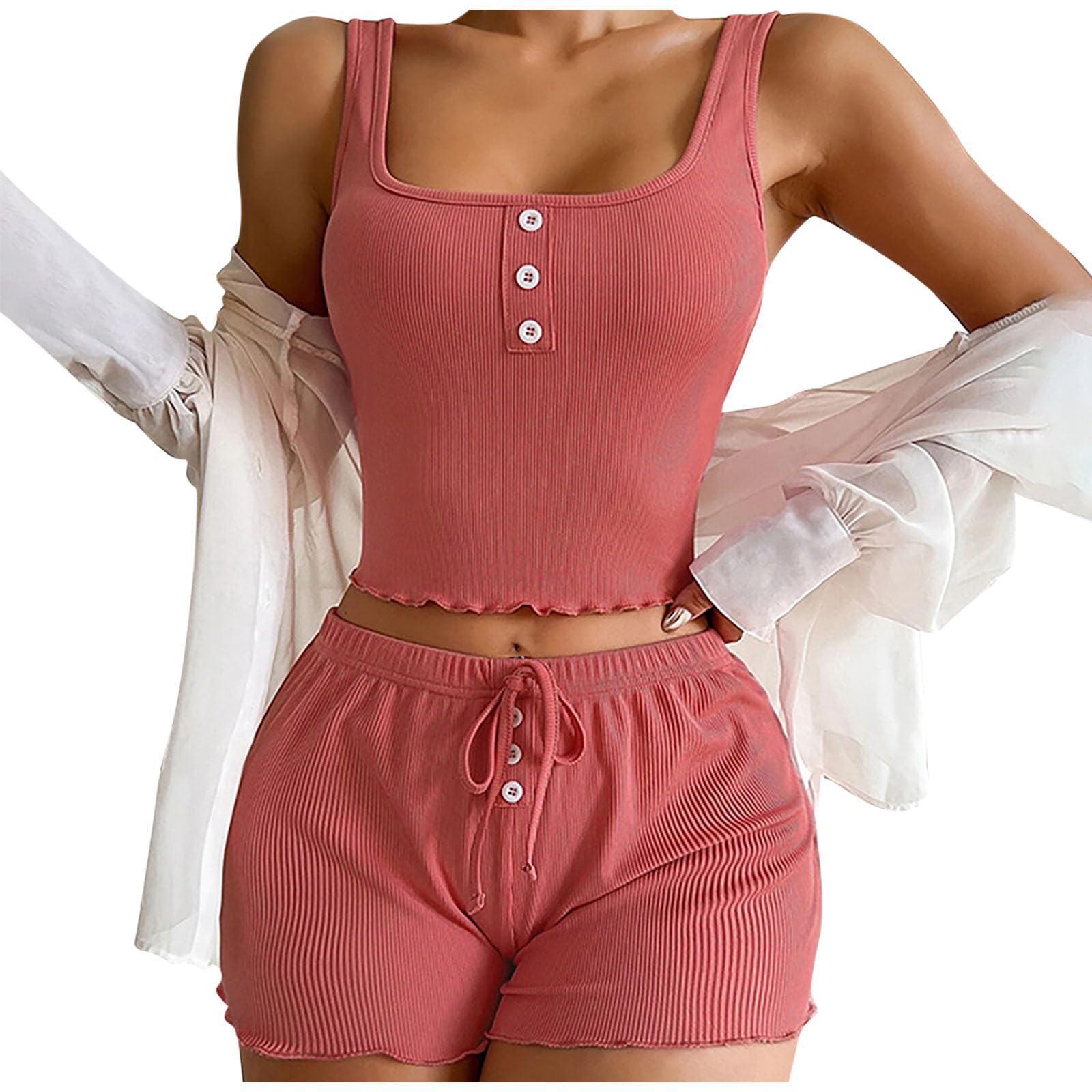 Women 2 Piece Pajamas Sets Y2k Sleeveless Strap Vest Cami Crop Tops + Drawstring Shorts with Buttons Sexy Sleepwear Nightwear Ladies Solid Color Soft Loungewear Pjs Set Uk Homewear